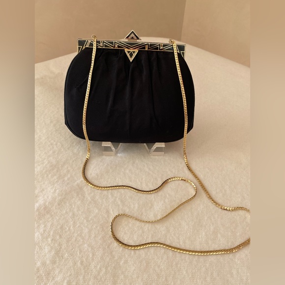 Judith Leiber black satin evening bag, deco style clutch or crossbody - Picture 1 of 14
